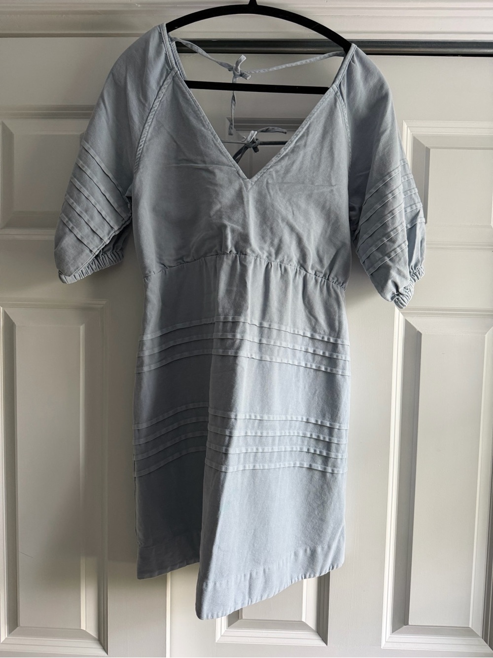 Light Blue V-Neck Women’s Dress with Pintuck Detail